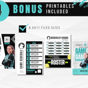 K&ouml;nnte beinhalten: Eine Sammlung von Softball-Printables. Enth&auml;lt Informationen zu Tryouts, Spielpl&auml;nen und Teamlisten. Die Designs weisen t&uuml;rkisfarbene und schwarze Akzente auf, mit Bildern einer Softballspielerin. Die Drucke sind 21,6 x 27,9 cm gro&szlig;.