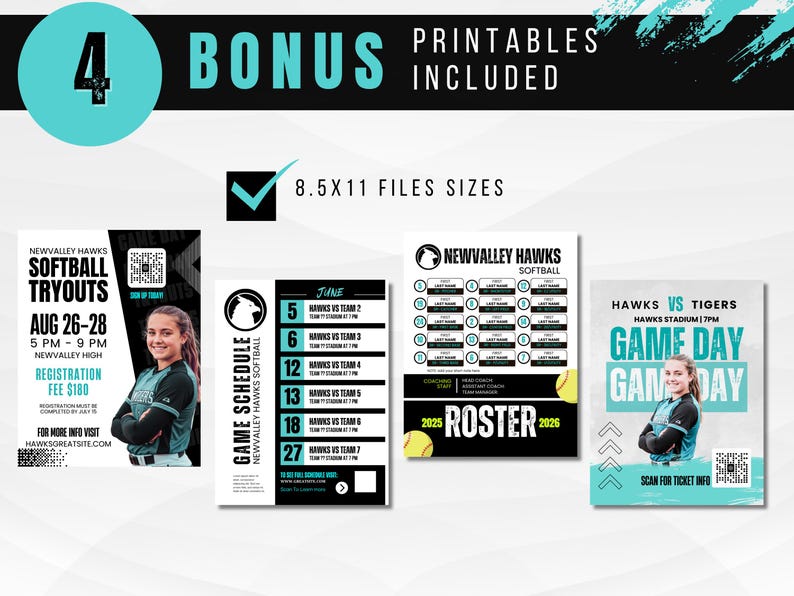 K&ouml;nnte beinhalten: Eine Sammlung von Softball-Printables. Enth&auml;lt Informationen zu Tryouts, Spielpl&auml;nen und Teamlisten. Die Designs weisen t&uuml;rkisfarbene und schwarze Akzente auf, mit Bildern einer Softballspielerin. Die Drucke sind 21,6 x 27,9 cm gro&szlig;.