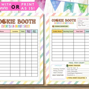 May include: Two printable cookie booth sheets. The left sheet is an event sign-in/out sheet with fields for name, location, date, and times. The right sheet is an inventory and money tracker with fields for cookie name, starting count, total sold, and ending count.