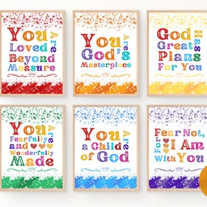 Conjunto de 6 cores de arco-íris para sala de aula cristã, arte de parede, decoração colorida de parede para escola dominical, pôster de sala de jogos para crianças religiosas
