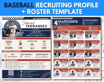 Baseball Recruiting Profile Template, Player Profile + Team Roster Bundle, Editable Canva Travel Baseball Recruiting Card