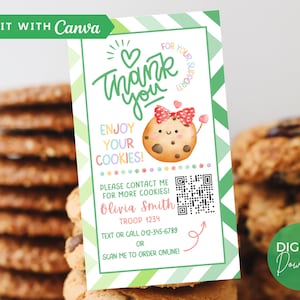 Sjabloon voor bedankkaartje voor Girl Scout Cookie, bewerkbare afdrukbare Girl Scout Cookie 2025 QR-code bezorgingsbriefkaart