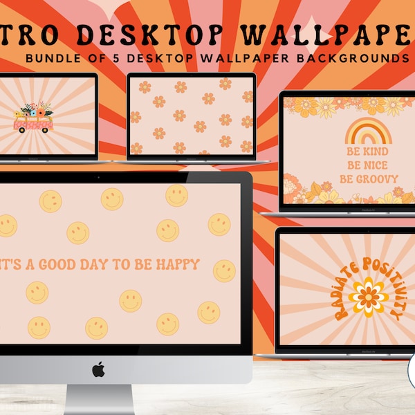 Retro Pink Daisy Desktop Wallpaper, Bundle of 5 Cute 70s Inspired Feminine Aesthetic, Positive Affirmations Wallpaper Background