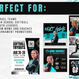 K&ouml;nnte beinhalten: Eine Werbegrafik f&uuml;r Softball-Veranstaltungen. Das Design zeigt t&uuml;rkisfarbene und schwarze Layouts mit Text wie "Softball Tryouts" und "Game Schedule". Das Bild enth&auml;lt Teamlogos, Fotos von Spielern und Veranstaltungsdetails wie Daten, Uhrzeiten und Orte.