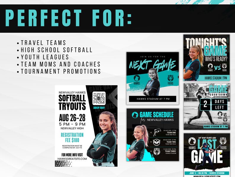 K&ouml;nnte beinhalten: Eine Werbegrafik f&uuml;r Softball-Veranstaltungen. Das Design zeigt t&uuml;rkisfarbene und schwarze Layouts mit Text wie "Softball Tryouts" und "Game Schedule". Das Bild enth&auml;lt Teamlogos, Fotos von Spielern und Veranstaltungsdetails wie Daten, Uhrzeiten und Orte.