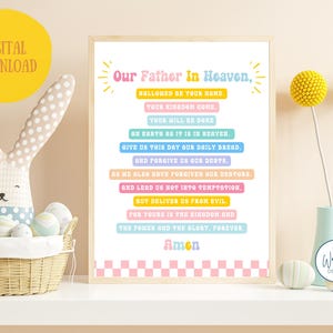 Colorful Lord&#39;s Prayer Wall Art for Kids | Matthew 6 Scripture Printable | Christian Kids Playroom Decor | Religious Nursery Wall Art