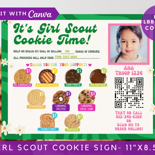 Retro Girl Scout Cookie Sign 2024, LBB ABC Cookie Menu Prijslijst Flyer Booth Sign, Afdrukbaar 11x8.5 met QR-code en afbeelding