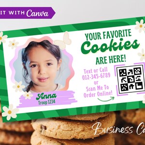 Girl Scout Cookie Sales Visitenkarte Canva Template, druckbare LBB ABC-Karte mit QR-Code & Bild, 3,5x2