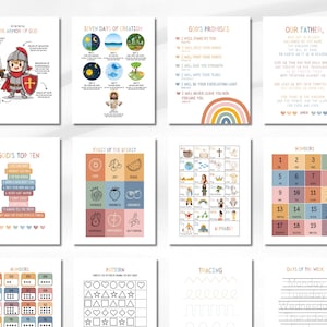 May include: A collection of educational prints with various themes. The prints include topics such as the Armor of God, Seven Days of Creation, God's Promises, Our Father, God's Top Ten, Fruit of the Spirit, numbers, alphabet, patterns, and tracing exercises.