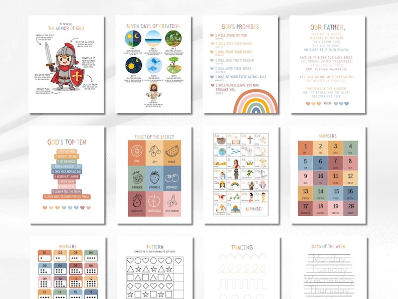 May include: A collection of educational prints with various themes. The prints include topics such as the Armor of God, Seven Days of Creation, God's Promises, Our Father, God's Top Ten, Fruit of the Spirit, numbers, alphabet, patterns, and tracing exercises.