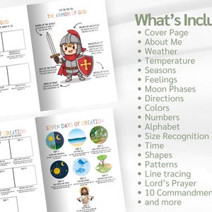 May include: A children's activity book with colorful illustrations. Pages include "The Armor of God" and "Seven Days of Creation" with fill-in-the-blank sections. The right page lists topics like colors, numbers, and the Lord's Prayer.