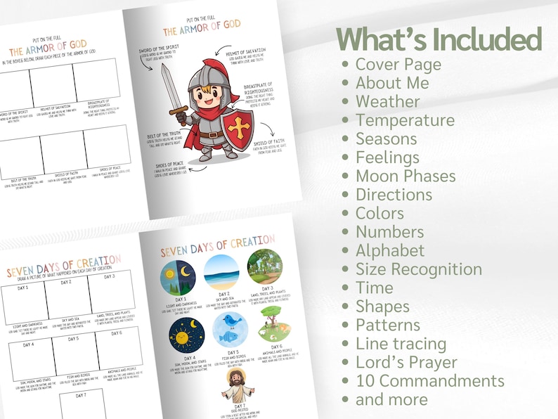 May include: A children's activity book with colorful illustrations. Pages include "The Armor of God" and "Seven Days of Creation" with fill-in-the-blank sections. The right page lists topics like colors, numbers, and the Lord's Prayer.