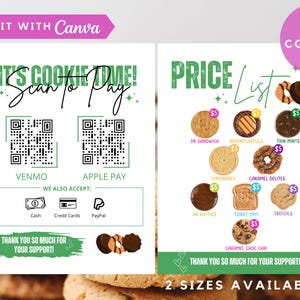 Placa de biscoito ABC Girl Scout 2024 2025, aceitamos placas, panfleto de estande Scan to Pay, menu de lista de preços para impressão com código QR
