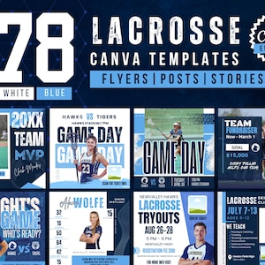 Könnte beinhalten: Eine digitale Sammlung von 78 Lacrosse-Canva-Vorlagen in Weiß und Blau, mit verschiedenen Layouts für Flyer, Social-Media-Beiträge und Stories. Die Designs enthalten Platzhalter für Fotos, Texte und Grafiken zu Spieltagen, Probetrainings und Kursen.