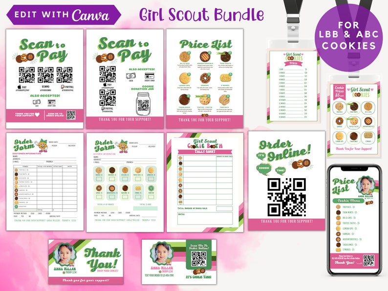 2024 LBB and ABC Girl Scout Cookie Signs and Forms, Editable and Printable Cookie Booth Sales Flyers, Lanyard Cookie Math Price Menu image 1