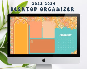 2024 Retro Desktop Wallpaper Organizer Calendar, Blue Yellow Daisy Floral 70s Inspired Laptop Wallpaper