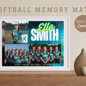 Könnte beinhalten: Eine gerahmte Softball-Erinnerungscollage mit einer Spielerin im türkisfarbenen Trikot mit der Nummer 13, einem Teamfoto in passenden Trikots sowie dem Text Ella Smith, 20XX Tigers Softball League und Edit in Canva.