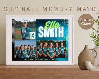 Softball Memory Mate Template Canva, 8x10 Teal Editable Team Photo Collage, Player Keepsake Printable, End of Season Gift