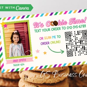 Girl Scout Cookie Sales Visitenkarte Canva Template, druckbare LBB ABC Girl Scout Karte mit QR-Code & Bild, 3.5x2