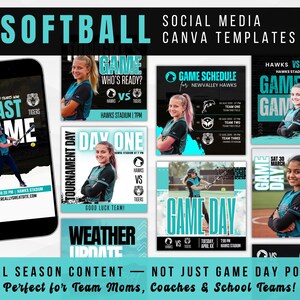 K&ouml;nnte beinhalten: Eine Sammlung von Social-Media-Canva-Vorlagen zum Thema Softball in T&uuml;rkis und Schwarz. Die Vorlagen umfassen Grafiken f&uuml;r Spieltage, Spielpl&auml;ne und Wetter-Updates. Das Wort "SOFTBALL" steht oben.