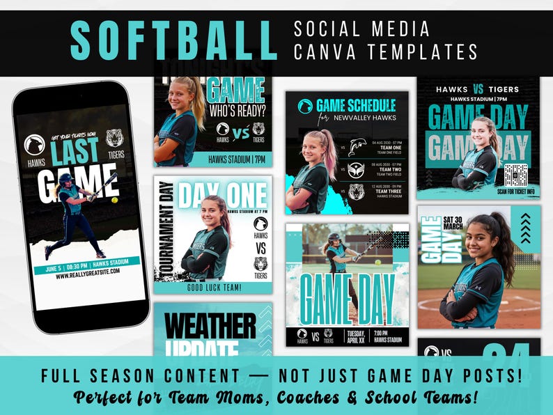 K&ouml;nnte beinhalten: Eine Sammlung von Social-Media-Canva-Vorlagen zum Thema Softball in T&uuml;rkis und Schwarz. Die Vorlagen umfassen Grafiken f&uuml;r Spieltage, Spielpl&auml;ne und Wetter-Updates. Das Wort "SOFTBALL" steht oben.