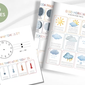 May include: Educational printable pages with weather and time-telling themes. One page shows a clock and temperature scales. Another page features weather conditions like sunny, cloudy, and rainy. The text "50 PAGES" is in a green circle.