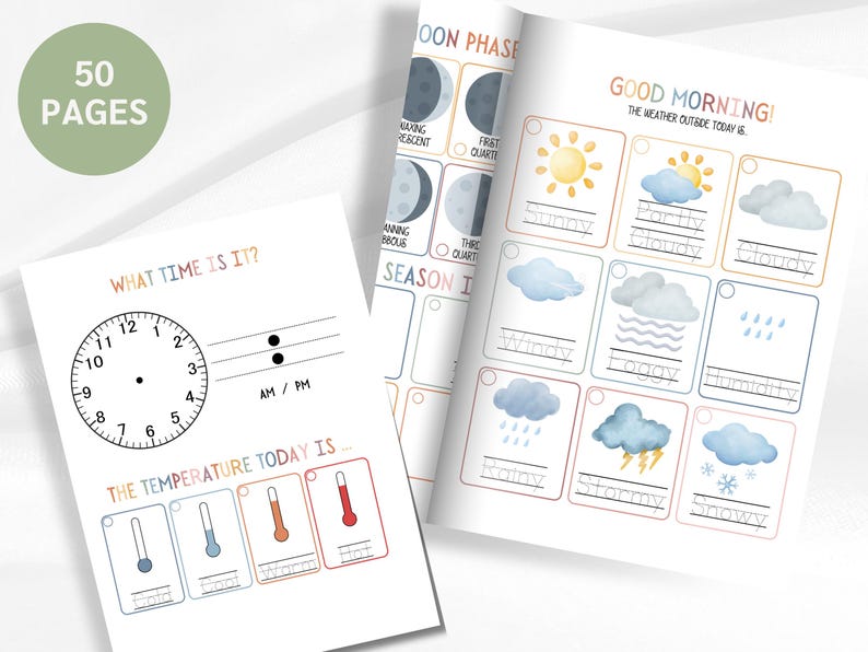 May include: Educational printable pages with weather and time-telling themes. One page shows a clock and temperature scales. Another page features weather conditions like sunny, cloudy, and rainy. The text "50 PAGES" is in a green circle.