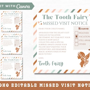 Carta editável da fada do dente, aviso de visita tardia, nota boho para impressão para dente perdido para menino e menina