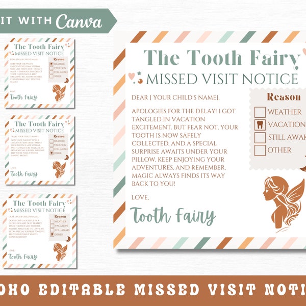Editable Tooth Fairy Letter Late Visit Notice Boho Printable Note For Lost Tooth for Boy and Girl