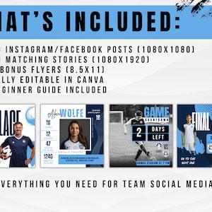 May include: A promotional graphic with the text "WHAT'S INCLUDED" and a list of social media templates. Includes examples of Instagram posts, flyers, and a beginner guide. The theme is for team social media.
