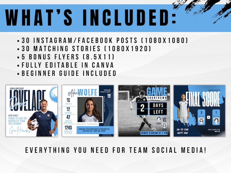 May include: A promotional graphic with the text "WHAT'S INCLUDED" and a list of social media templates. Includes examples of Instagram posts, flyers, and a beginner guide. The theme is for team social media.