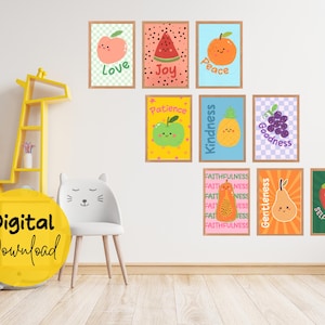 Conjunto de frutos vibrantes del Espíritu: 9 carteles de decoración de pared para guarderías cristianas coloridas para niños, escuelas dominicales y preescolares