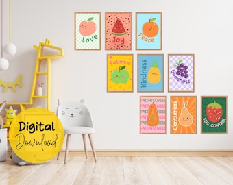Vibrant Fruit of the Spirit Set - 9 Colorful Christian Nursery Wall Decor Posters for Kids, Sunday School, and Preschool