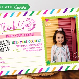 Girl Scout Cookie bedankje, afdrukbare QR-code en afbeelding met postkaart voor koekjesbezorging