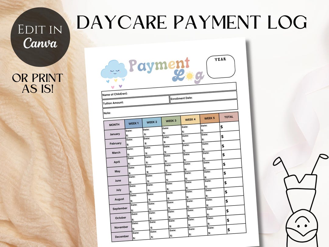 Daycare Payment Record Log, Editable Childcare Tuition Payment Tracker ...