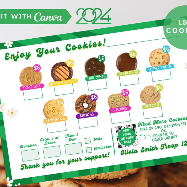 Retro Girl Scout Cookie Thank You Note 2024, Editable LBB Order Form Sale Receipt, Printable Delivery 4"x6" Price Menu
