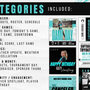 K&ouml;nnte beinhalten: Eine digitale Grafik mit dem Text &bdquo;CATEGORIES INCLUDED&ldquo; und einer Liste von Kategorien f&uuml;r ein Softballteam, einschlie&szlig;lich &bdquo;Game Day&ldquo; und &bdquo;Tryouts&ldquo;. Es werden mehrere Social-Media-Vorlagen angezeigt, darunter ein Spielplan und Informationen zu Tryouts.