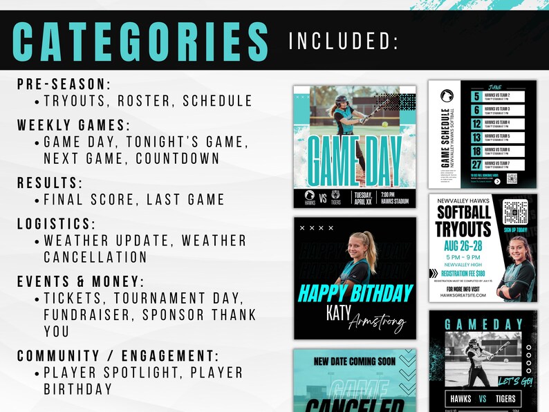 K&ouml;nnte beinhalten: Eine digitale Grafik mit dem Text &bdquo;CATEGORIES INCLUDED&ldquo; und einer Liste von Kategorien f&uuml;r ein Softballteam, einschlie&szlig;lich &bdquo;Game Day&ldquo; und &bdquo;Tryouts&ldquo;. Es werden mehrere Social-Media-Vorlagen angezeigt, darunter ein Spielplan und Informationen zu Tryouts.