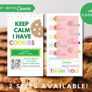 Girl Scout Cookie bedankje 2025, bewerkbaar LBB-bestelformulier verkoopbewijs, afdrukbaar visitekaartje 2 x 3,5,3 x 4 verticaal prijsmenu