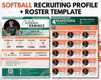 Softball Recruiting Profile Template, Player Profile + Team Roster Bundle, Editable Canva Travel Softball Recruiting Card