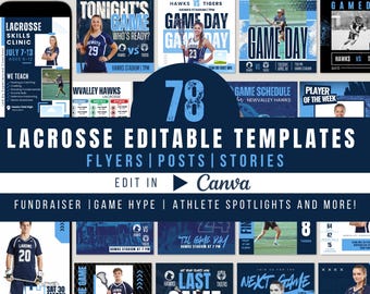 Lacrosse Social Media Templates Bundle Canva Editable Graphics, Team Game Day Posts Stories Flyers, Athlete Spotlight Sports Marketing Kit
