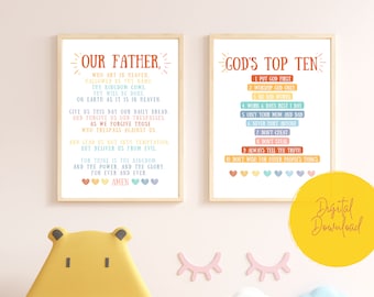 Set of 2 Kid Christian Posters, Lords Prayer, 10 Commandments Printable Wall Art, Matthew 6, Exodus 20 Scripture, Sunday Classroom Decor