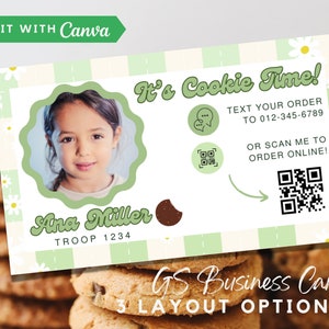 Girl Scout Cookie Sales Visitenkarte, Retro druckbare LBB ABC Girl Scout-Karte mit QR-Code & Bild, 3,5x2