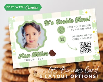 Girl Scout Cookie Sales Business Card, Retro Printable LBB ABC Girl Scout Card with QR code & Picture, 3.5x2