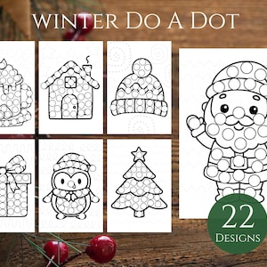 May include: A collection of winter-themed dot-to-dot activity pages. The images include a mug, house, hat, gift, penguin, Christmas tree, and Santa Claus. The text "WINTER DO A DOT" is at the top, and "22 DESIGNS" is at the bottom.