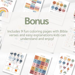 May include: A collection of printable educational pages for children. The pages include a morning menu, feelings chart, calendar, and coloring pages with Bible verses. The word "Bonus" is in the center, with the text "Includes 9 fun coloring pages..."