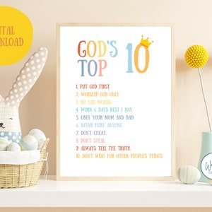 Póster de los diez mandamientos de Dios para niños, arte de pared imprimible colorido para el aula de la escuela dominical para niños, versículo bíblico Éxodo 20