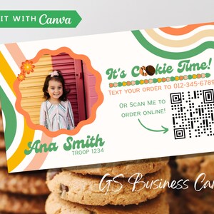 Visitekaartje koekjesverkoop padvinderij, retro afdrukbare LBB ABC padvinderskaart met QR-code en afbeelding, 3,5 x 2
