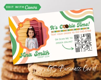 Girl Scout Cookie Sales Business Card, Retro Printable LBB ABC Girl Scout Card with QR code & Picture, 3.5x2