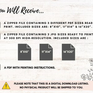 May include: A digital download listing for printable wall art. The image shows a graphic with the text "You Will Receive..." and lists three different file types: a zipped file containing three PDF sizes (8x10 inches, 11x14 inches, and 16x20 inches), a zipped file containing three JPG sizes (8x10 inches, 11x14 inches, and 16x20 inches), and a PDF with printing instructions. The text "Please note that this is a digital download listing. No physical product will be shipped to you." is also included.